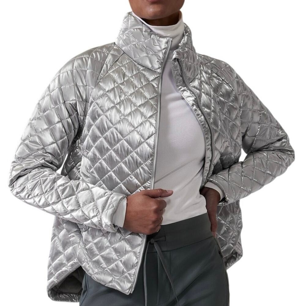 Athleta 3X Whisper Featherless Metallic Silver Quilted Puffer Jacket Full Zip
